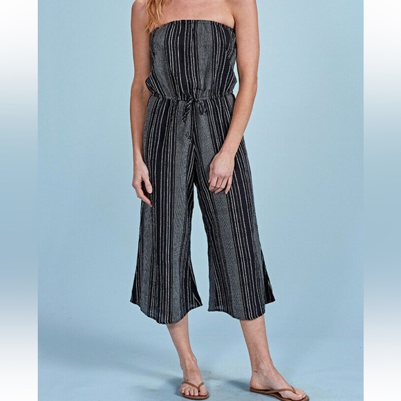 ELAN NWT Black Striped Linen Wide Leg Culottes Jumpsuit Lounge sizes S - Picture 1 of 3